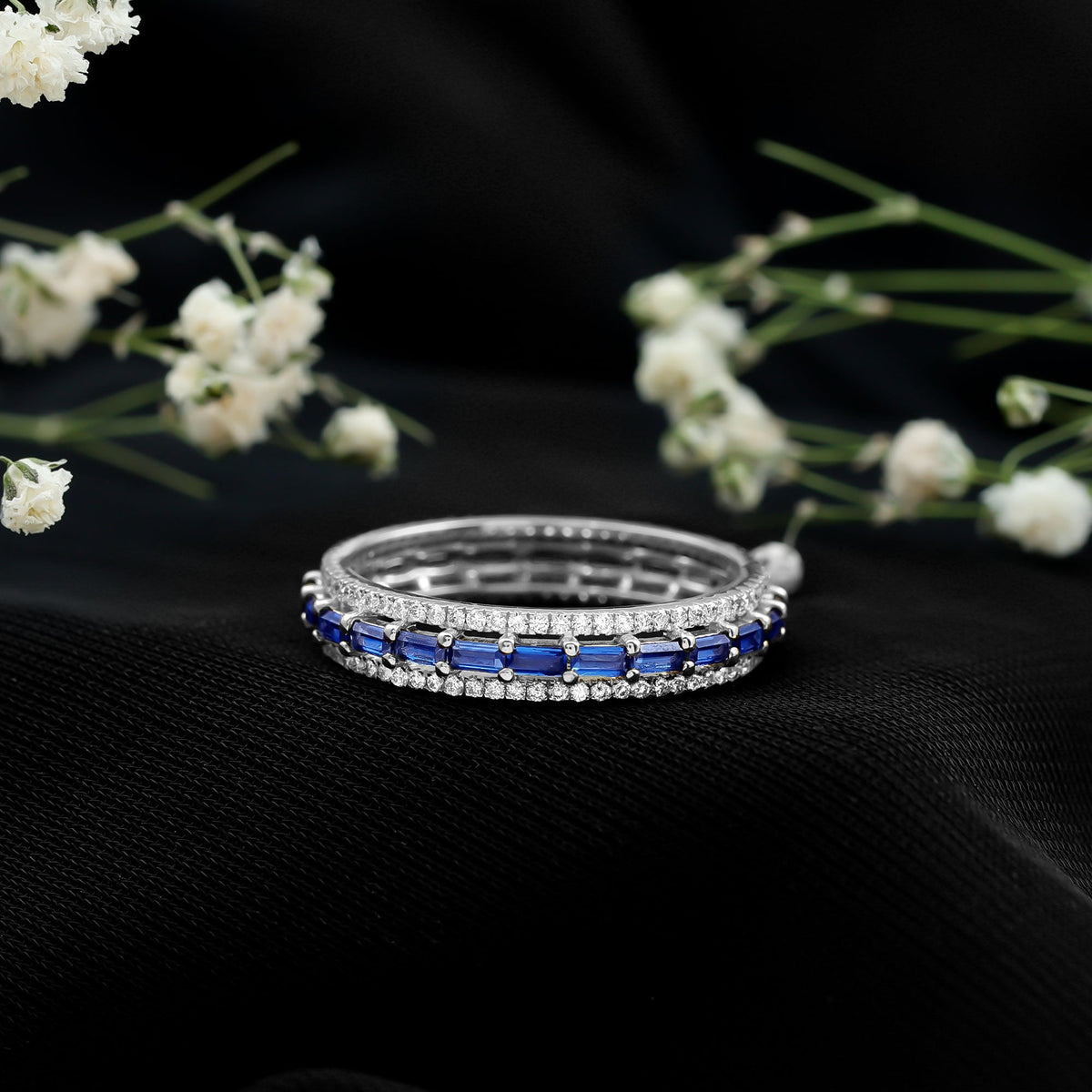 Lab Grown Blue Sapphire Eternity Wedding Band With Natural Diamond