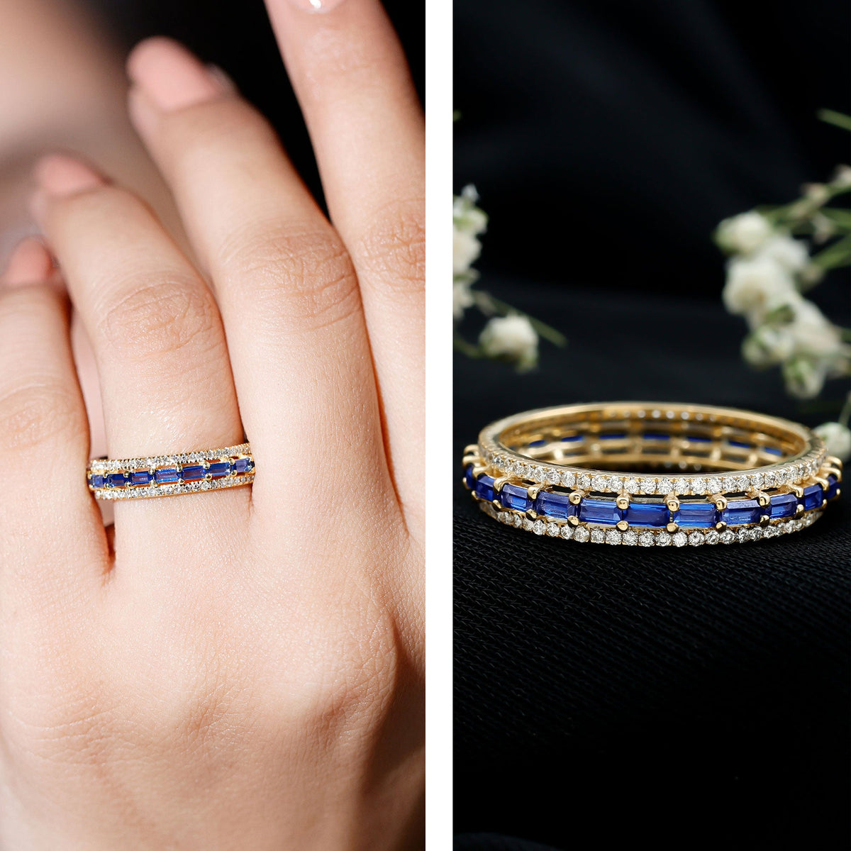 Lab Grown Blue Sapphire Eternity Wedding Band With Natural Diamond