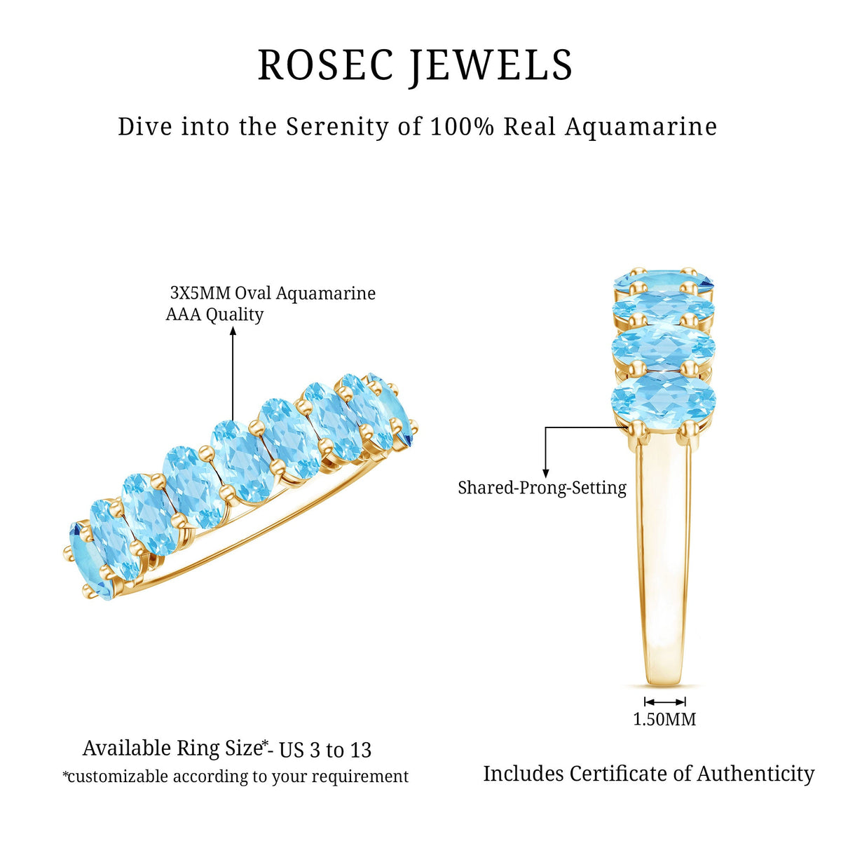 Genuine Oval Cut Aquamarine Half Eternity Ring for Women