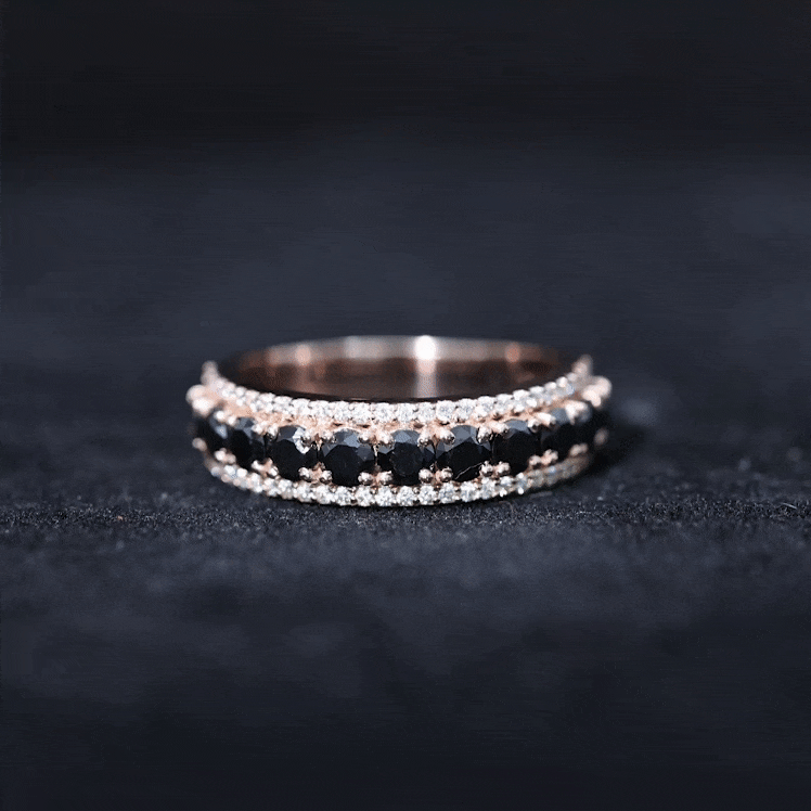 Certified lab-grown black and white diamond half eternity band ring for women by Rosec Jewels, showcasing alternating diamond pattern.