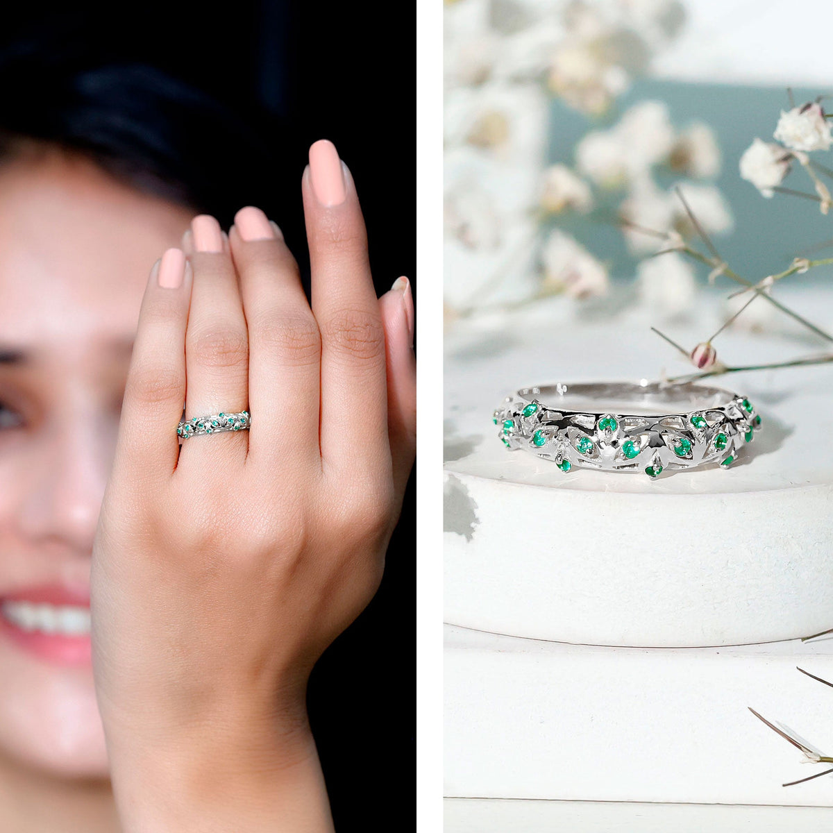 Natural emerald filigree wedding band for women by Rosec Jewels featuring intricate design and vibrant green emerald gemstone.