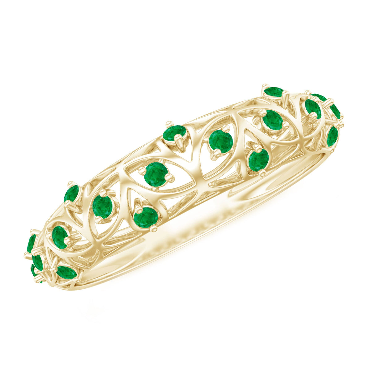 Elegant natural emerald filigree wedding band for women by Rosec Jewels, showcasing intricate gold detailing and vibrant green emerald.