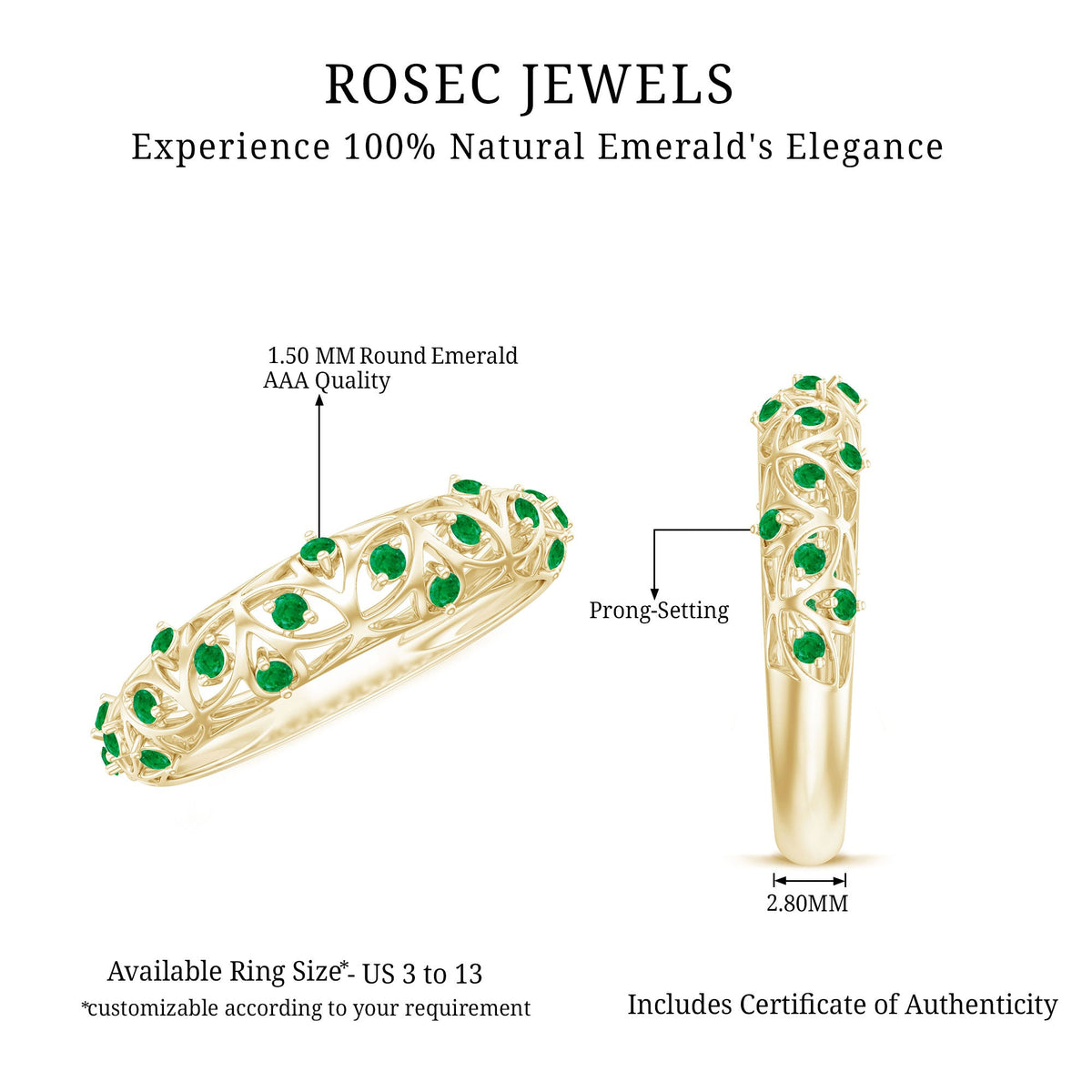 Natural emerald filigree wedding band for women with intricate gold detailing, showcasing elegant craftsmanship by Rosec Jewels.