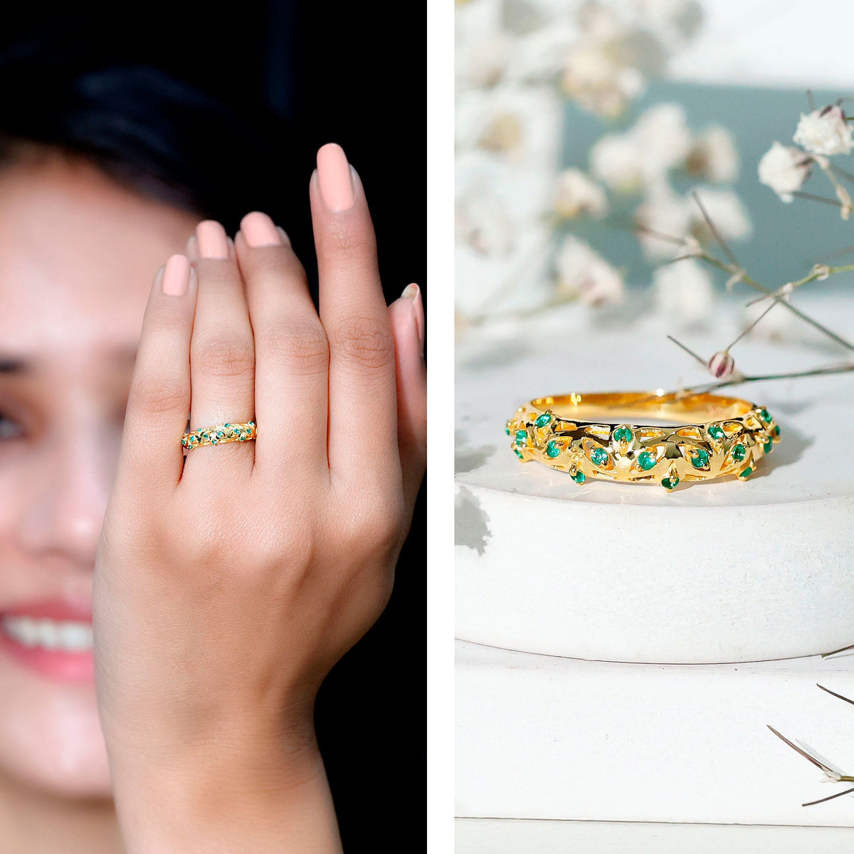 Natural emerald filigree wedding band for women by Rosec Jewels, showcasing intricate design and vibrant green gemstone details.