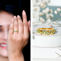 Natural emerald filigree wedding band for women by Rosec Jewels, showcasing intricate design and vibrant green gemstone details.