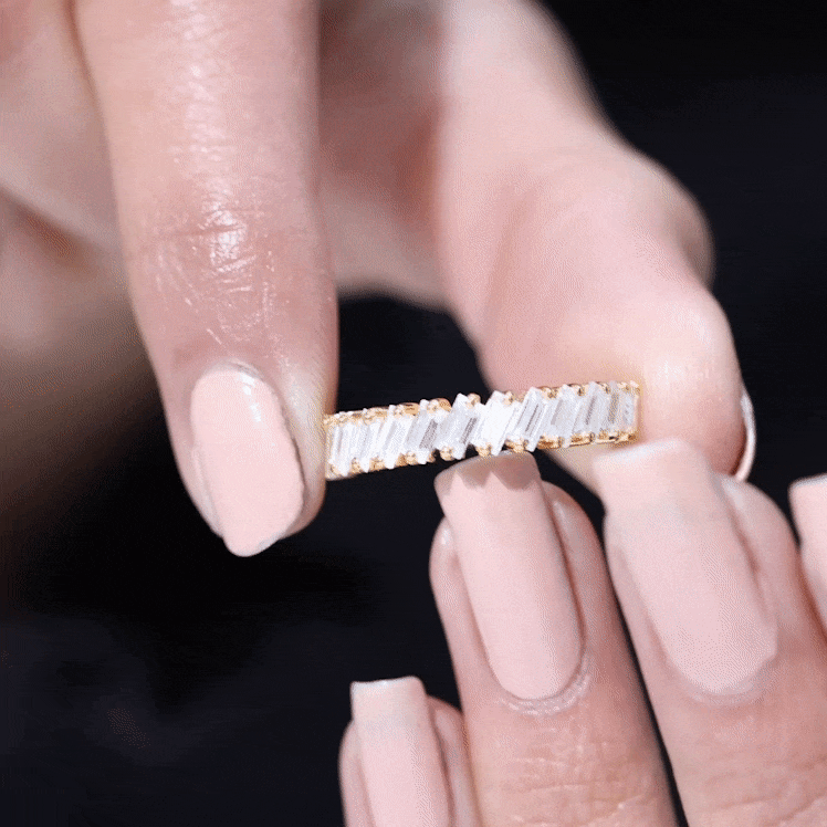 Yellow gold Certified Moissanite baguette cut half eternity ring with sparkling stones from Rosec Jewels.