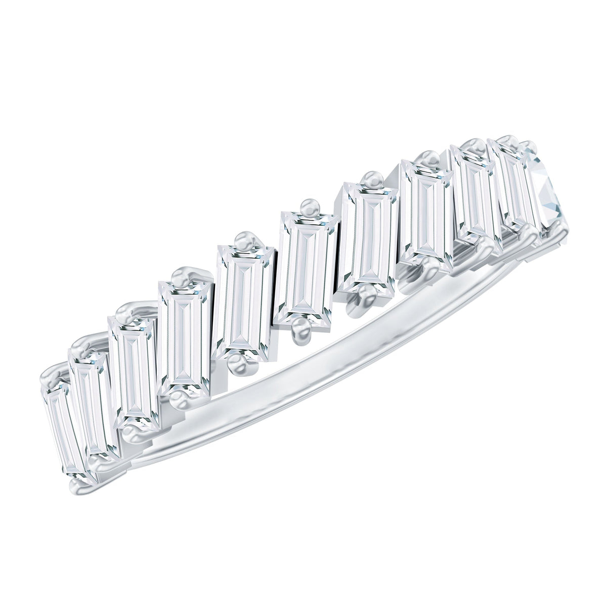 Rosec Jewels certified moissanite baguette cut half eternity ring with sparkling gemstones on a sleek band.