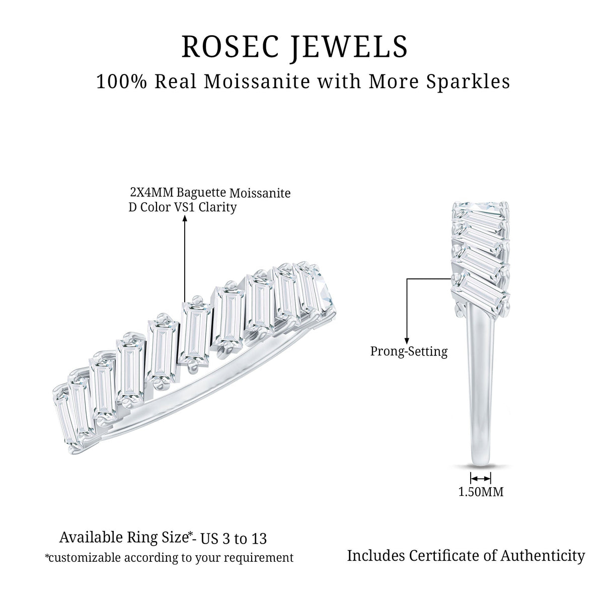Certified Moissanite baguette cut half eternity ring by Rosec Jewels featuring sparkling gemstone accents on a sleek band.