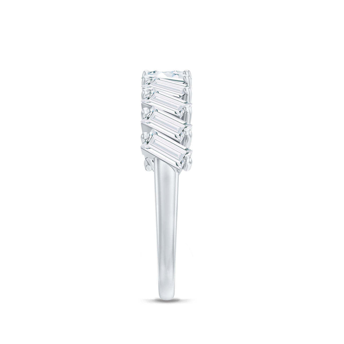 Certified Moissanite Baguette Cut Half Eternity Ring by Rosec Jewels, showcasing sparkling gemstone baguette accents on a sleek ring.