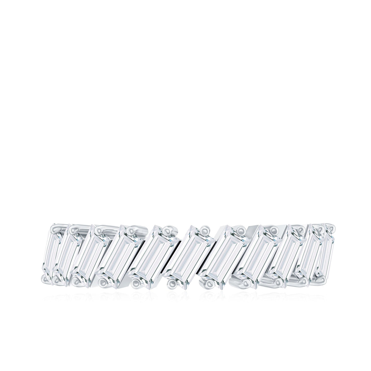 Certified Moissanite baguette cut half eternity ring by Rosec Jewels, showcasing sparkling gemstone design and elegant ring band.