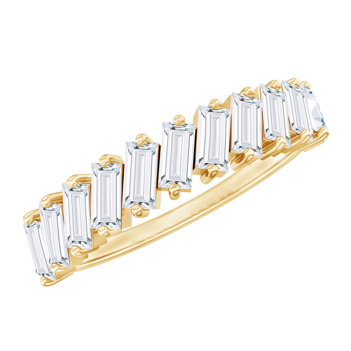 Certified Moissanite baguette cut half eternity ring by Rosec Jewels, showcasing sparkling gemstone and elegant metal band.