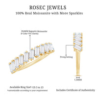 Certified Moissanite baguette cut half eternity ring from Rosec Jewels featuring a row of sparkling baguette-shaped stones.