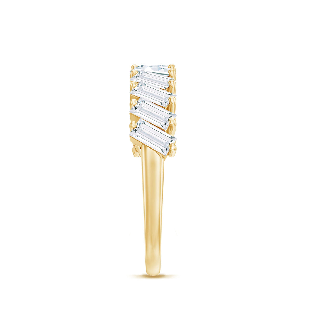 Certified Moissanite baguette cut half eternity ring by Rosec Jewels, showcasing sparkling gemstones set in a sleek band.