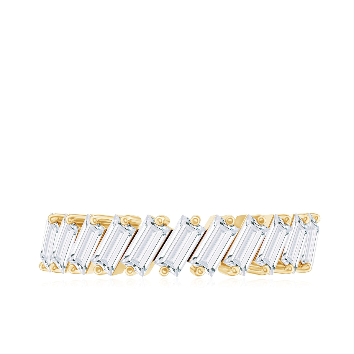 Rosec Jewels certified moissanite baguette cut half eternity ring with sparkling gemstones set in a sleek band.