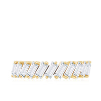Rosec Jewels certified moissanite baguette cut half eternity ring with sparkling gemstones set in a sleek band.
