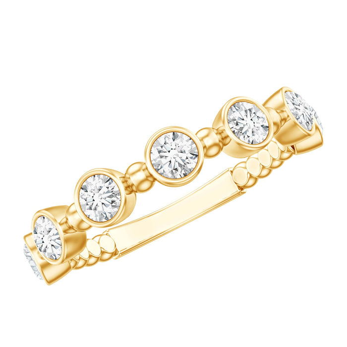 Bezel set moissanite stackable anniversary ring with sparkling gemstones, crafted by Rosec Jewels, showcasing elegant jewelry design.