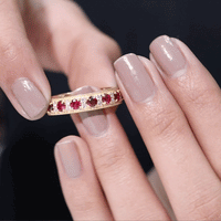 Yellow gold round cut lab-created ruby and diamond wedding band by Rosec Jewels, featuring sparkling gemstones and elegant design.