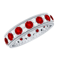 Round cut lab-created ruby and diamond wedding band ring by Rosec Jewels, showcasing a sparkling gemstone design.
