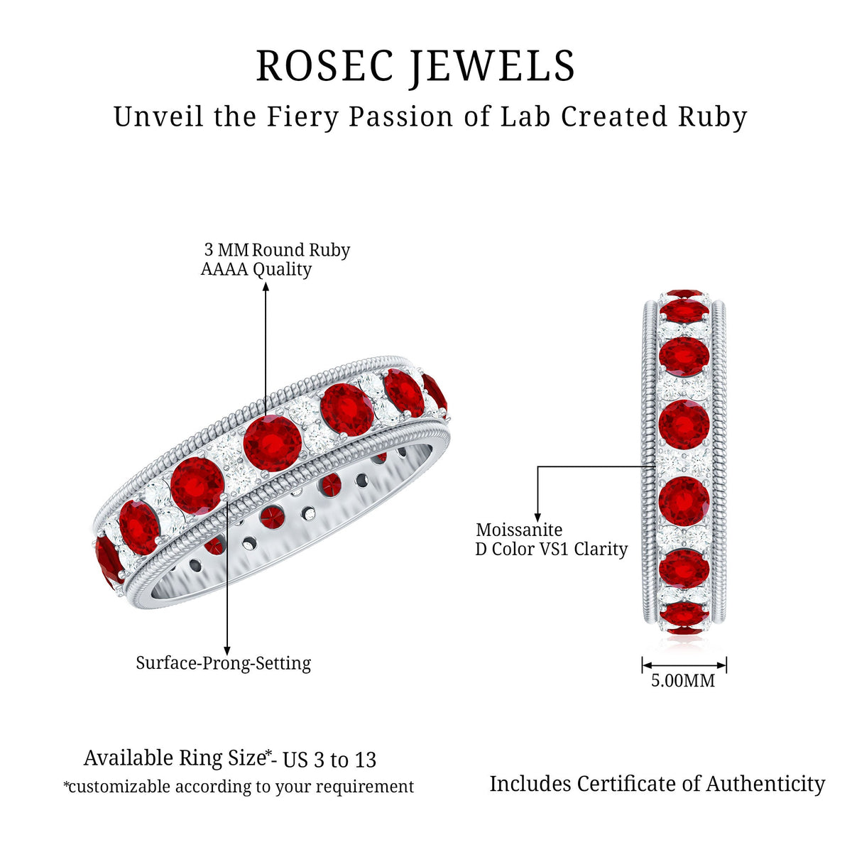 Round cut lab-created ruby and diamond wedding band by Rosec Jewels, featuring a sleek, elegant ring design with vibrant gemstones.