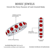 Round cut lab-created ruby and diamond wedding band by Rosec Jewels, featuring a sleek, elegant ring design with vibrant gemstones.