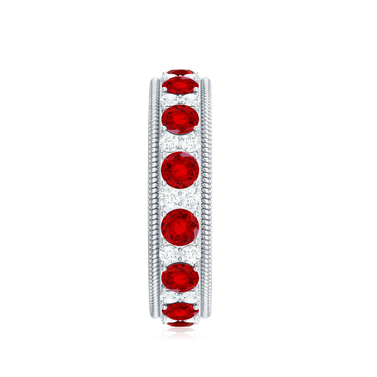 Round cut lab created ruby and diamond wedding band by Rosec Jewels, showcasing sparkling gemstones and elegant band design.
