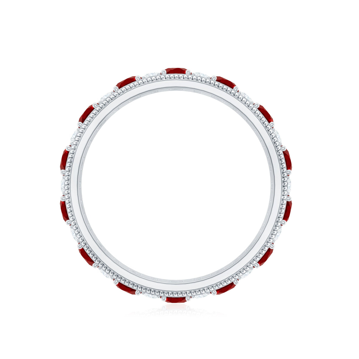 Round cut lab-created ruby and diamond wedding band from Rosec Jewels, featuring a sleek, polished ring design with sparkling stones.