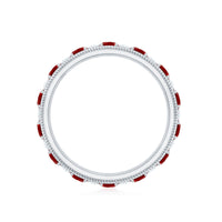 Round cut lab-created ruby and diamond wedding band from Rosec Jewels, featuring a sleek, polished ring design with sparkling stones.