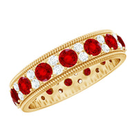 Round cut lab created ruby and diamond wedding band by Rosec Jewels featuring a sleek silver ring with sparkling gemstones.