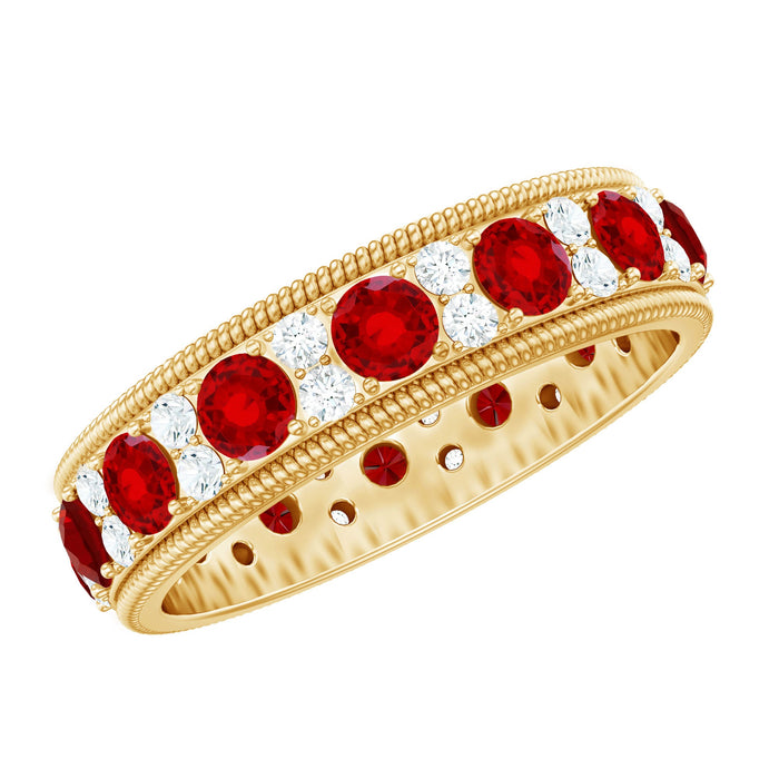 Round cut lab created ruby and diamond wedding band by Rosec Jewels featuring a sleek silver ring with sparkling gemstones.