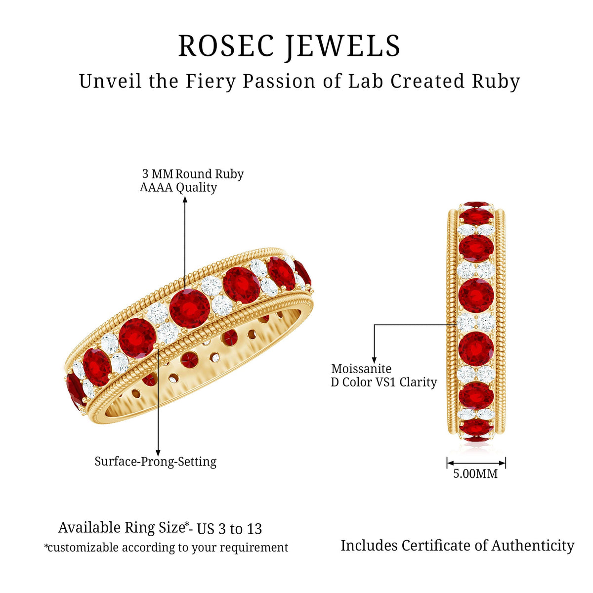 Round cut lab created ruby and diamond wedding band ring from Rosec Jewels, showcasing sparkling gemstones on a sleek band.