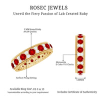 Round cut lab created ruby and diamond wedding band ring from Rosec Jewels, showcasing sparkling gemstones on a sleek band.