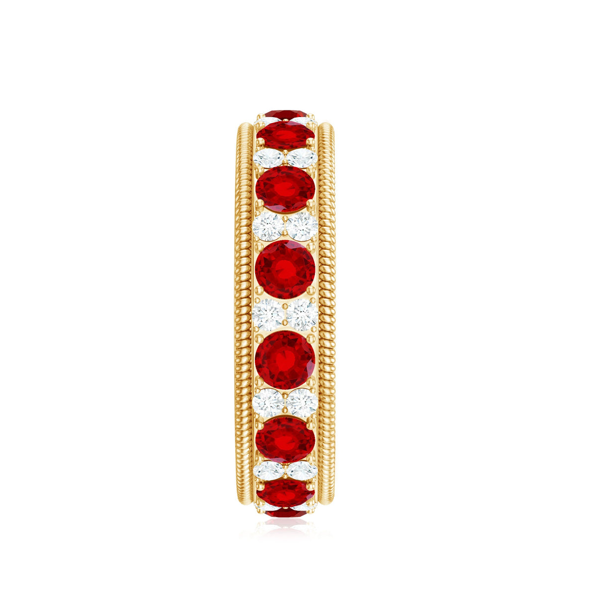 Round cut lab-created ruby and diamond wedding band by Rosec Jewels, showcasing sparkling gemstones in a sleek gold setting.