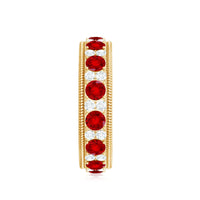 Round cut lab-created ruby and diamond wedding band by Rosec Jewels, showcasing sparkling gemstones in a sleek gold setting.