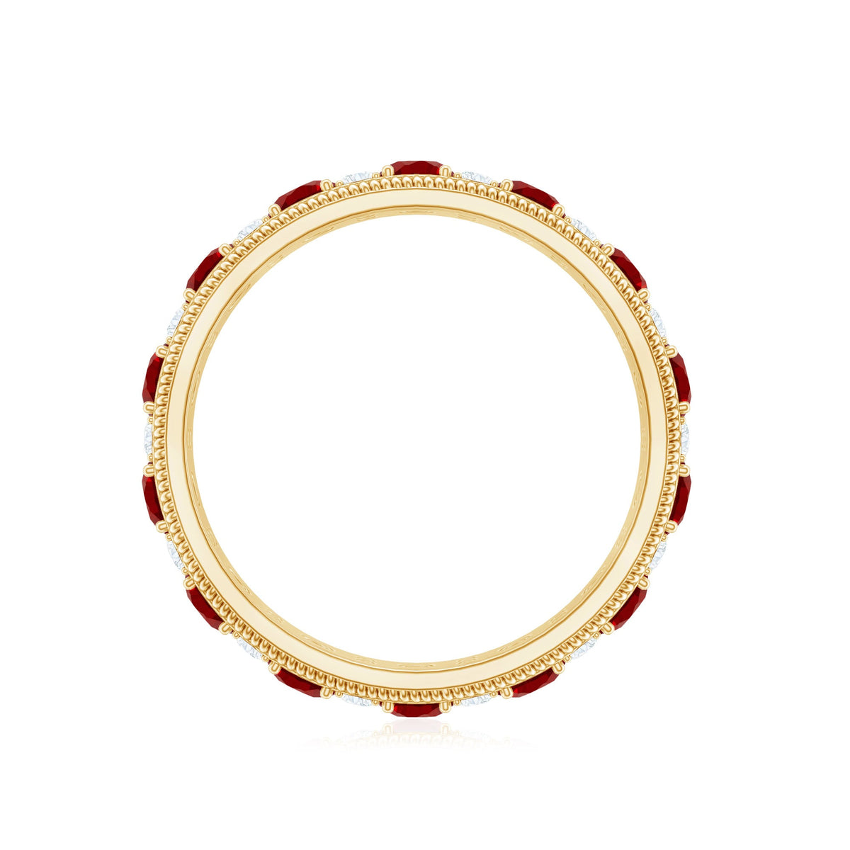 Round cut lab-created ruby and diamond wedding band by Rosec Jewels, showcasing a sparkling band with vibrant red rubies and shimmering diamonds.