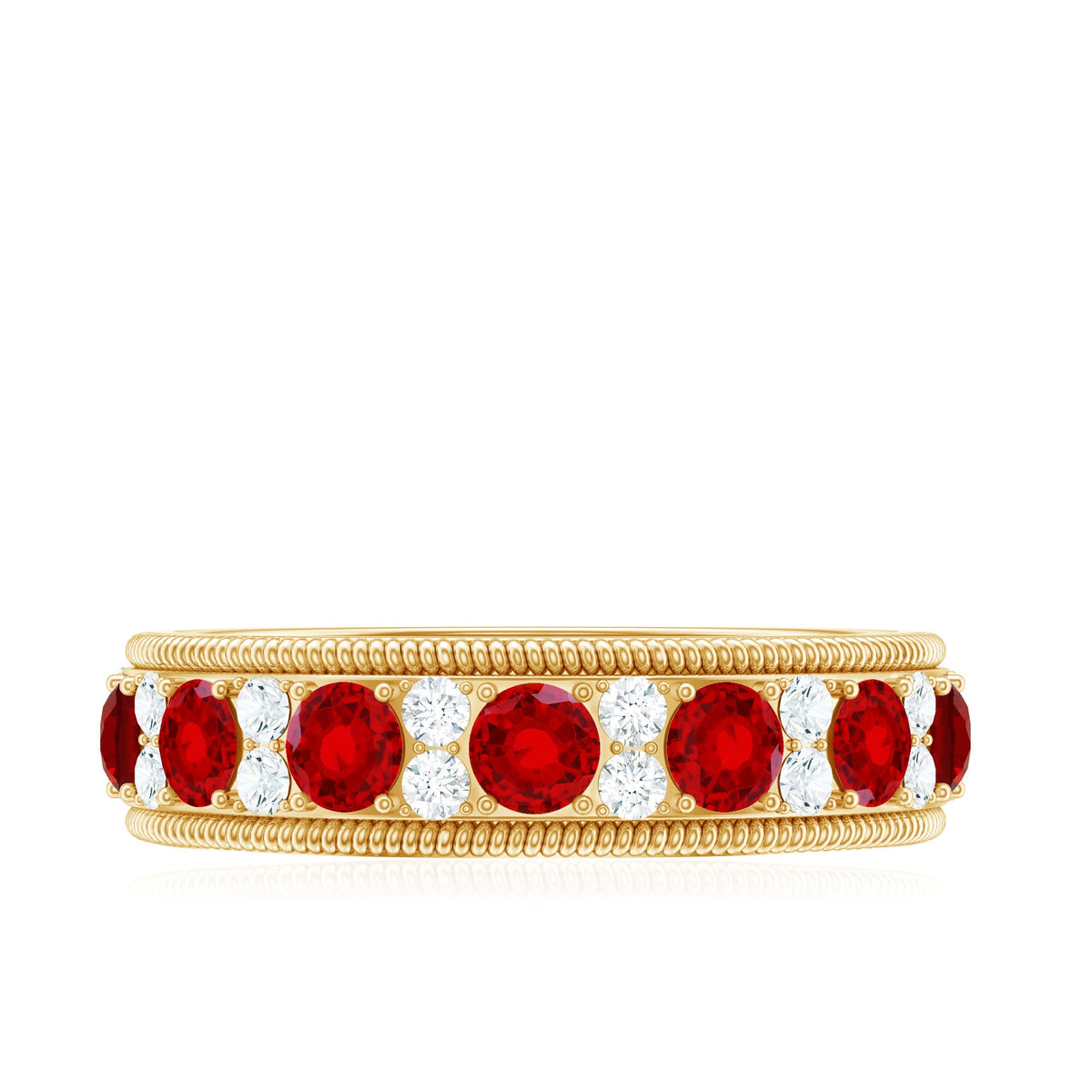 Round cut lab-created ruby and diamond wedding band by Rosec Jewels, showcasing sparkling gemstones set in a sleek ring design.