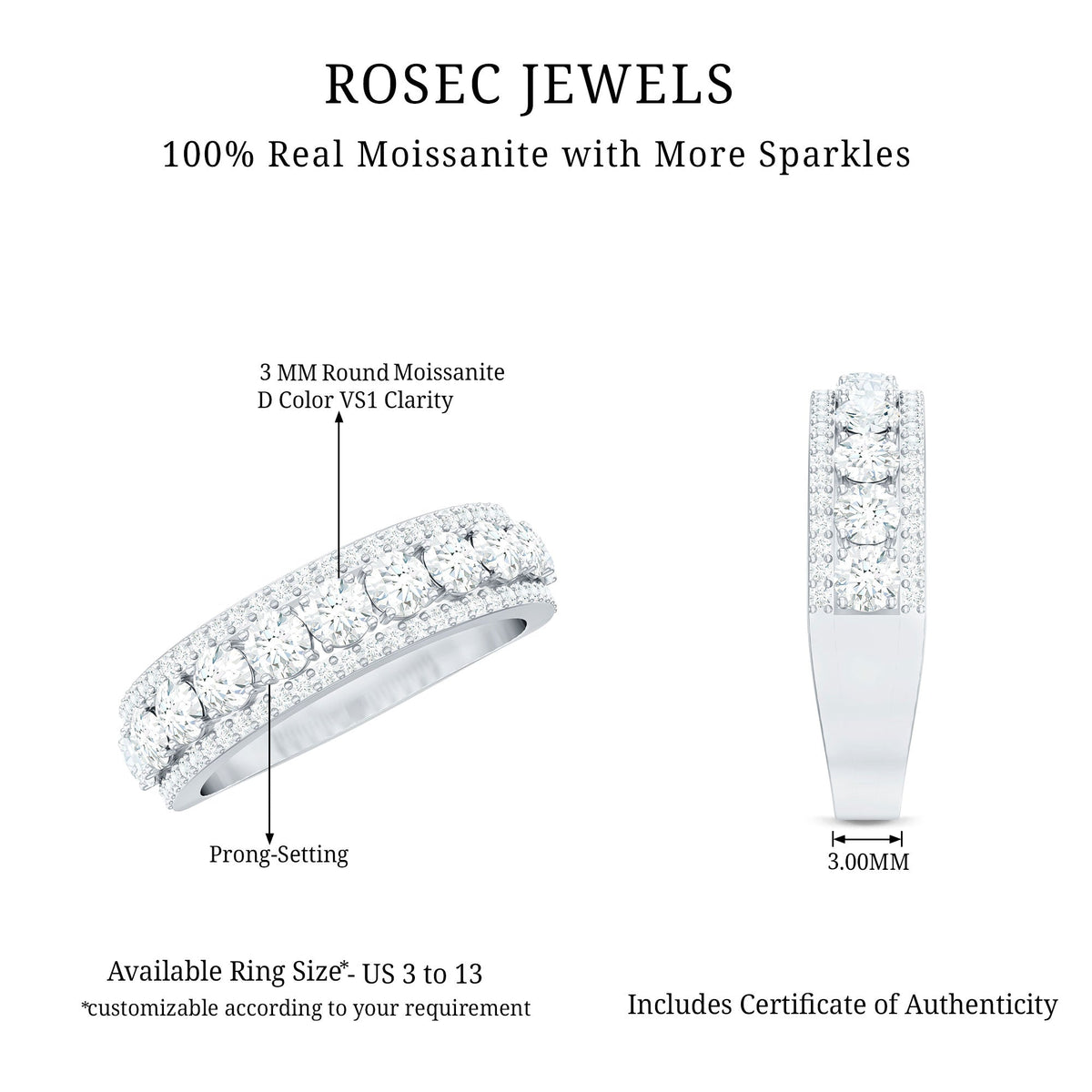 Certified Moissanite wedding anniversary band ring for women with sparkling stones, crafted by Rosec Jewels.