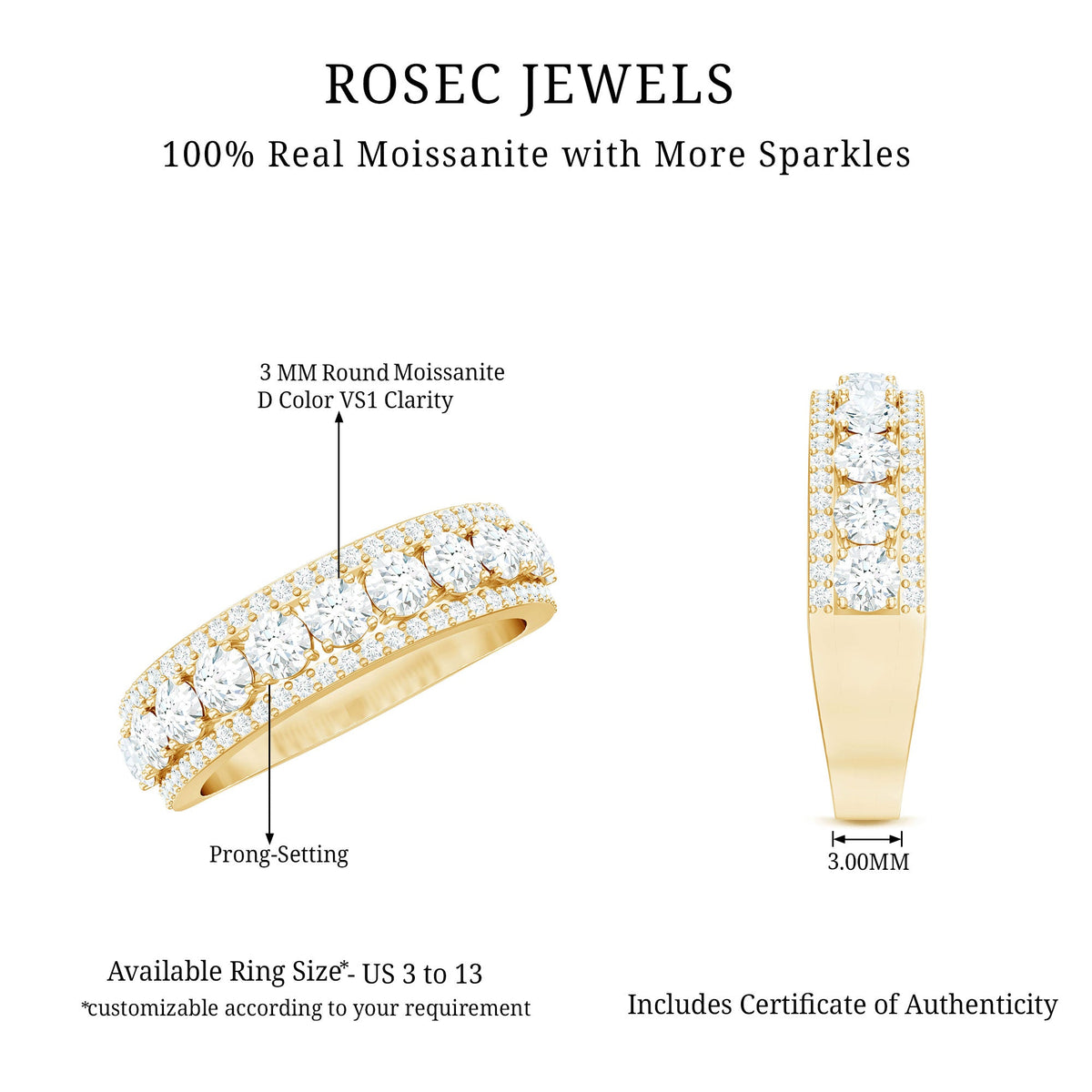 Certified moissanite wedding anniversary ring for women by Rosec Jewels, featuring a sparkling band with intricate design.