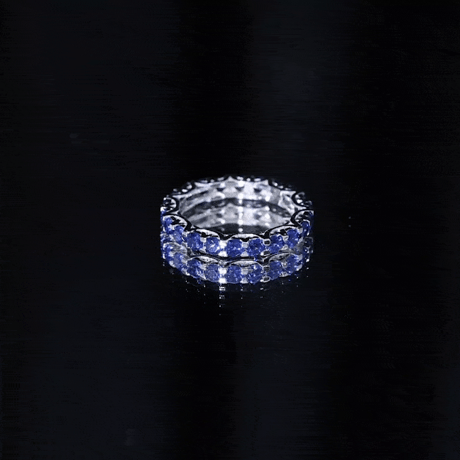 Round Lab Grown Blue Sapphire full eternity band ring by Rosec Jewels, featuring a continuous circle of vibrant blue sapphires.