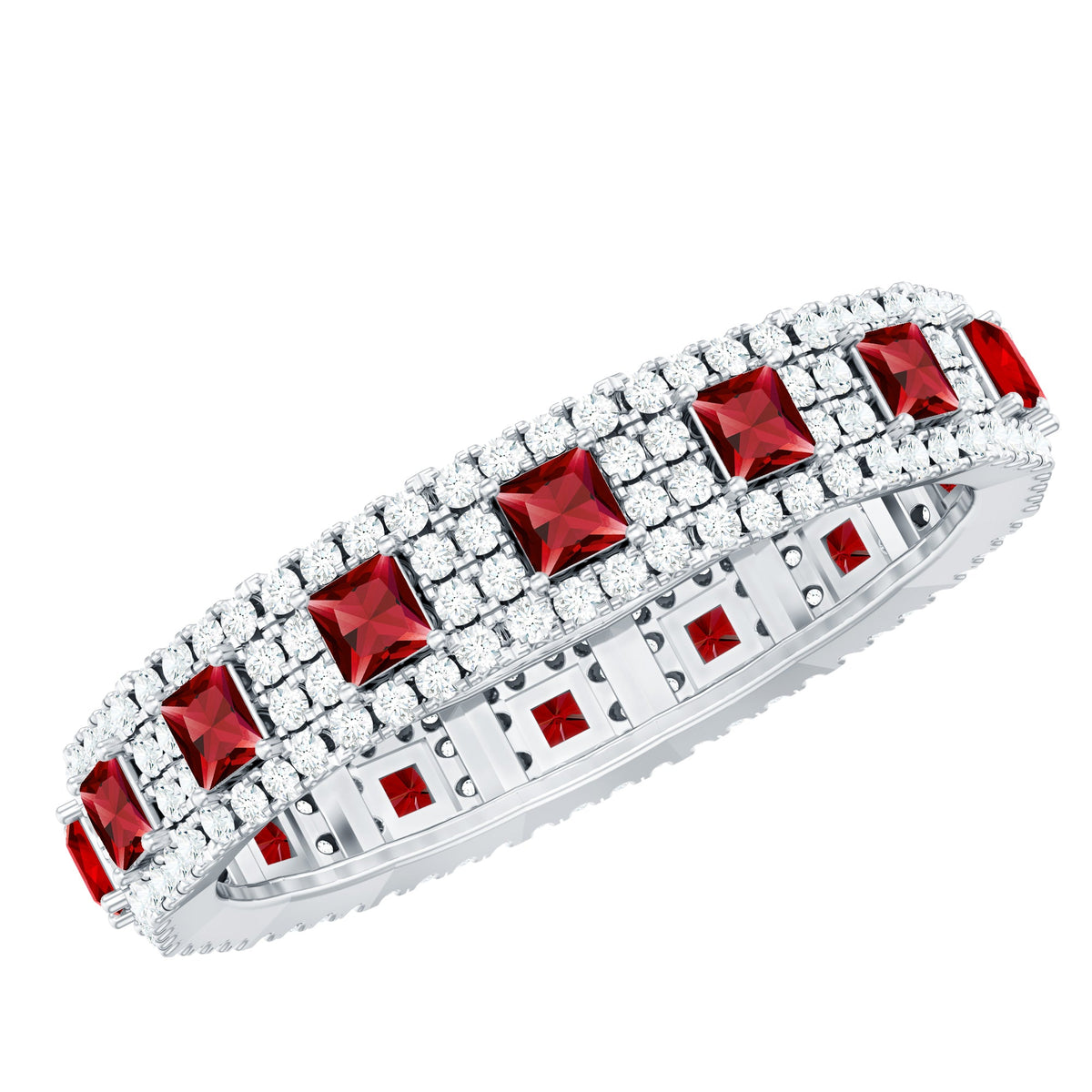 Rosec Jewels princess cut lab-created ruby wedding band with sparkling diamonds on a silver ring setting.