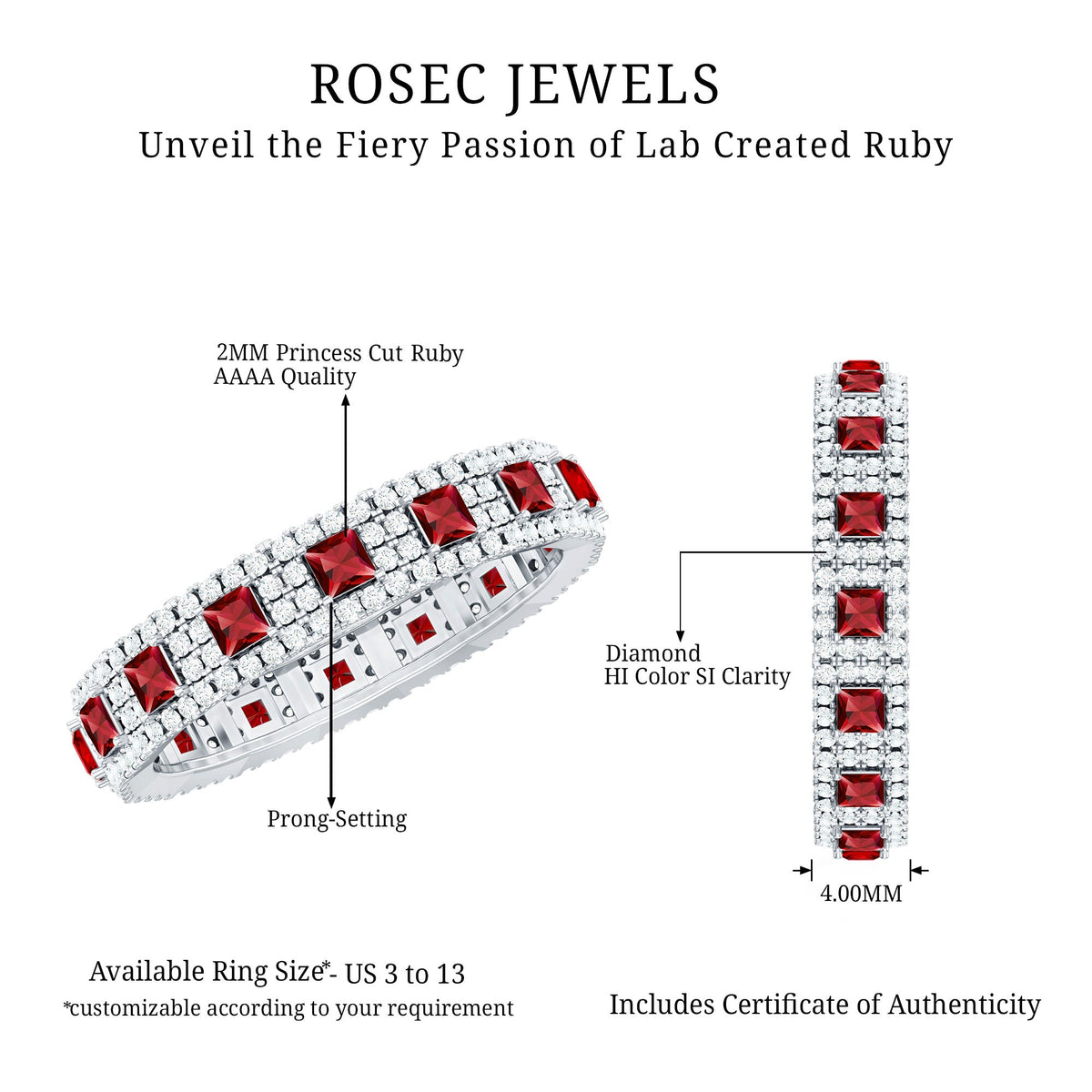 Rosec Jewels princess cut lab-created ruby wedding band with sparkling diamonds, showcasing a sleek gold ring design.