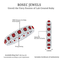 Rosec Jewels princess cut lab-created ruby wedding band with sparkling diamonds, showcasing a sleek gold ring design.