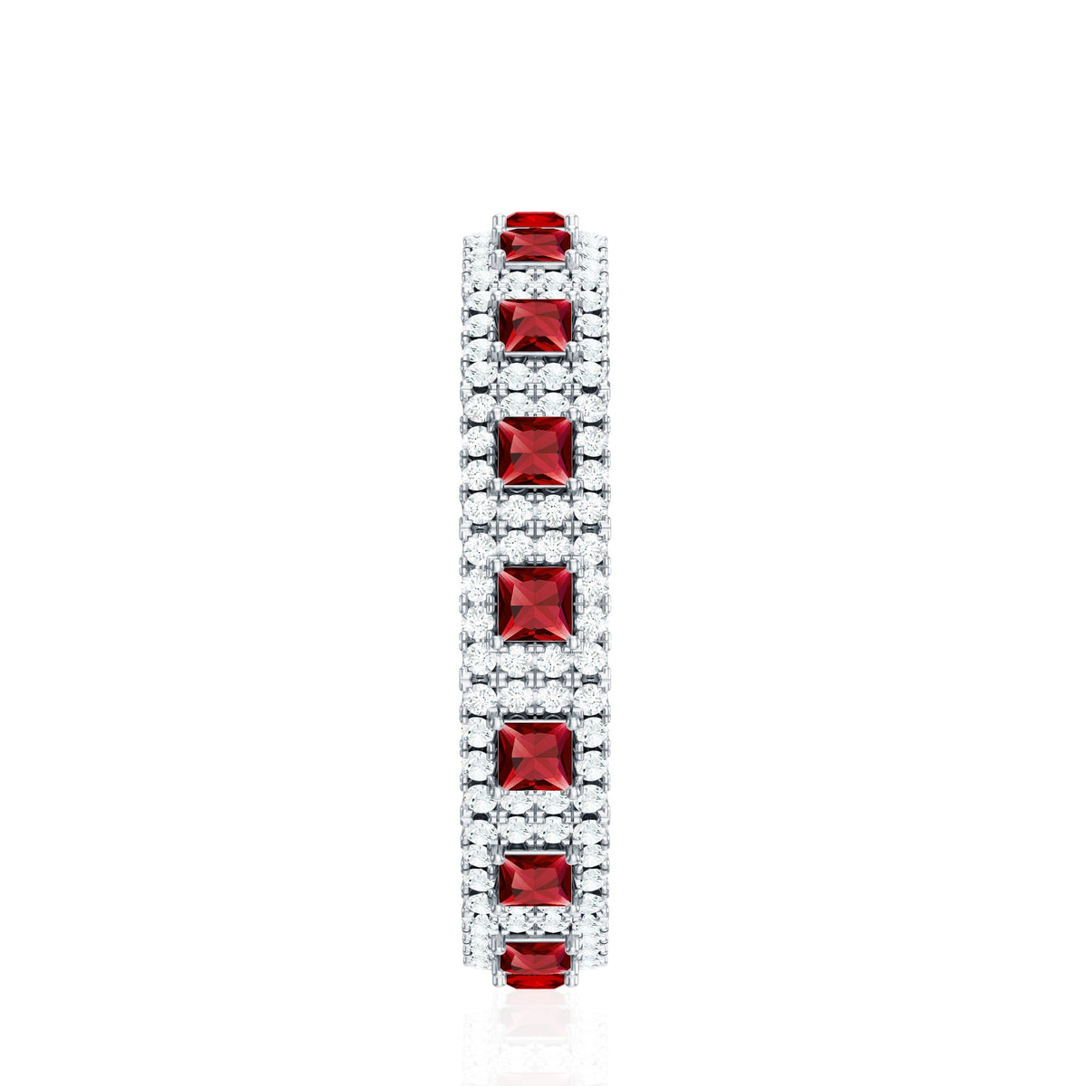 Princess cut lab-created ruby wedding band with diamonds, rose gold ring from Rosec Jewels featuring a sleek design and sparkling gemstones.
