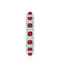 Princess cut lab-created ruby wedding band with diamonds, rose gold ring from Rosec Jewels featuring a sleek design and sparkling gemstones.