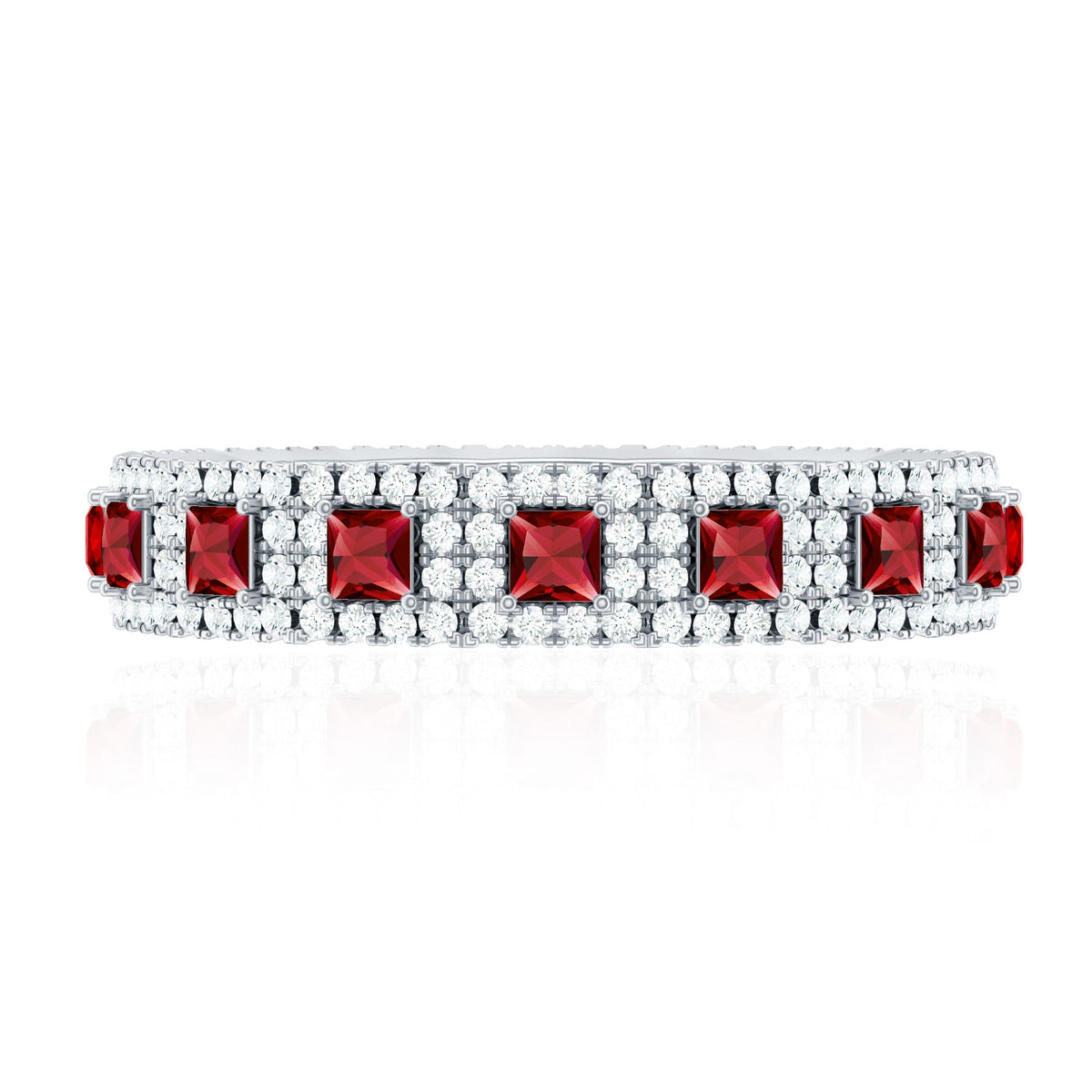 Rosec Jewels princess cut lab-created ruby wedding band with diamonds, showcasing a sparkling and elegant ring design.