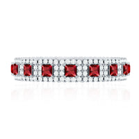 Rosec Jewels princess cut lab-created ruby wedding band with diamonds, showcasing a sparkling and elegant ring design.