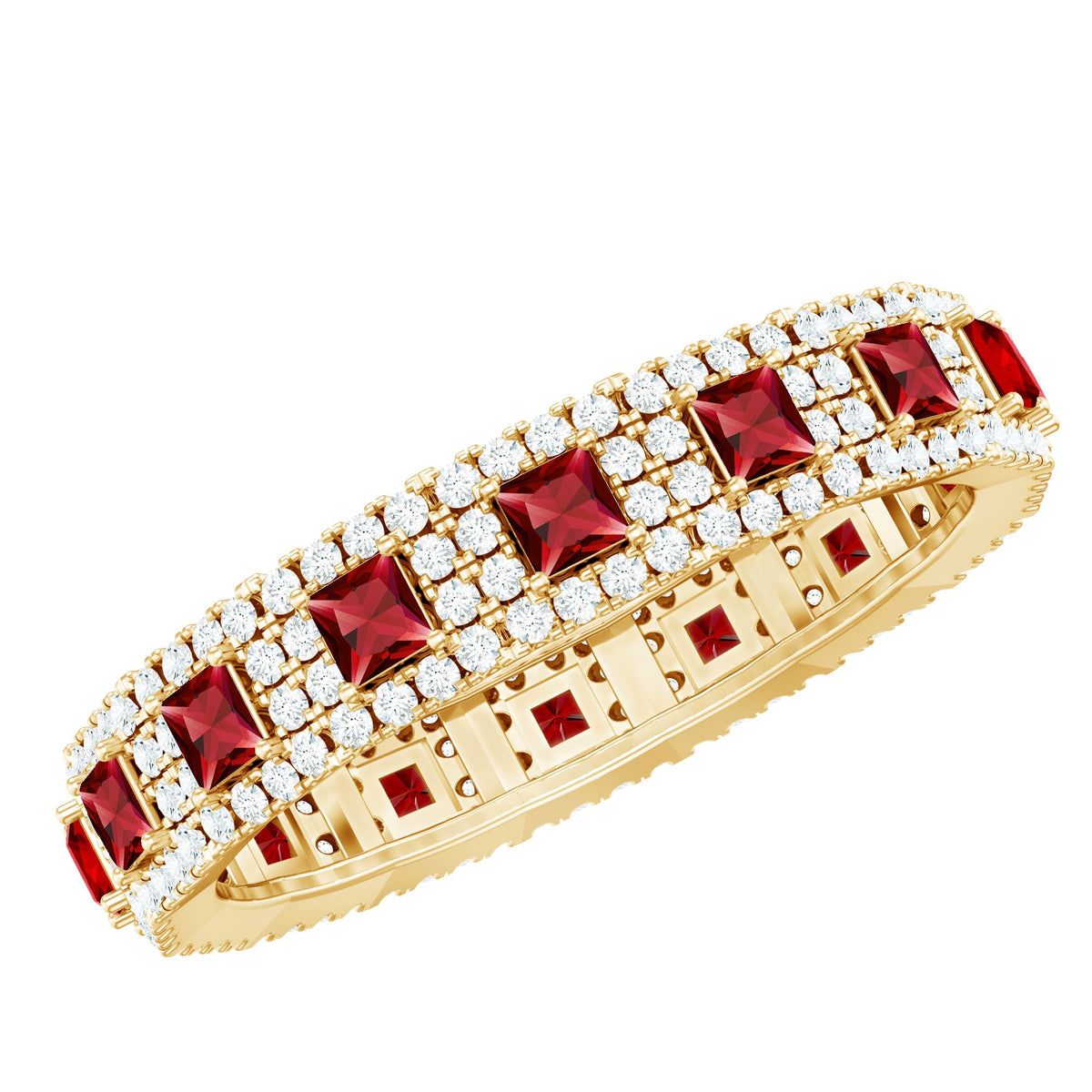 Rosec Jewels princess cut lab-created ruby wedding band with diamonds, showcasing sparkling gemstones and elegant ring design.
