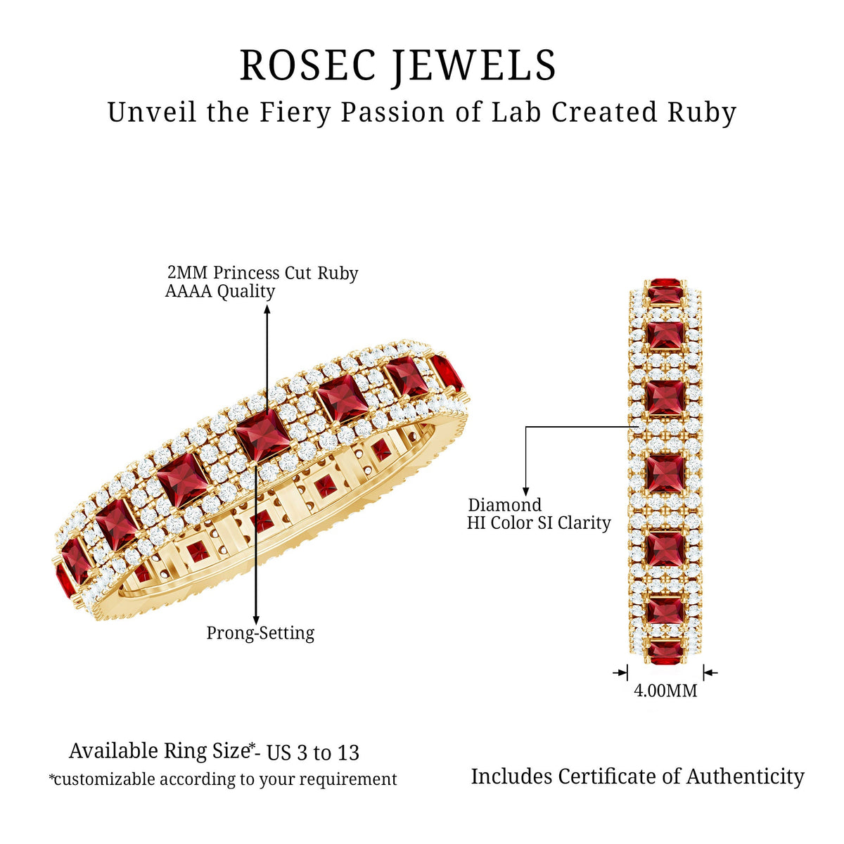 Rosec Jewels princess cut lab-created ruby wedding band with diamonds, showcasing the detailed design and sparkling gemstones.
