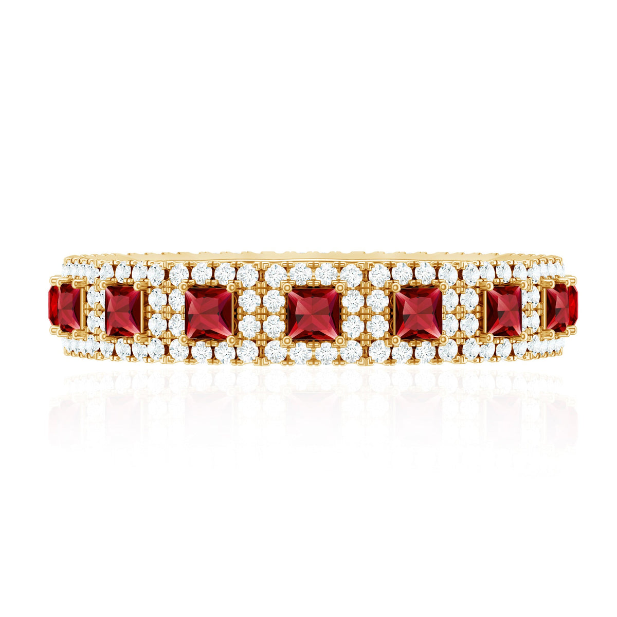 Princess cut lab-created ruby wedding band with diamonds, featuring a sleek Rosec Jewels ring design.