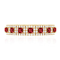 Princess cut lab-created ruby wedding band with diamonds, featuring a sleek Rosec Jewels ring design.