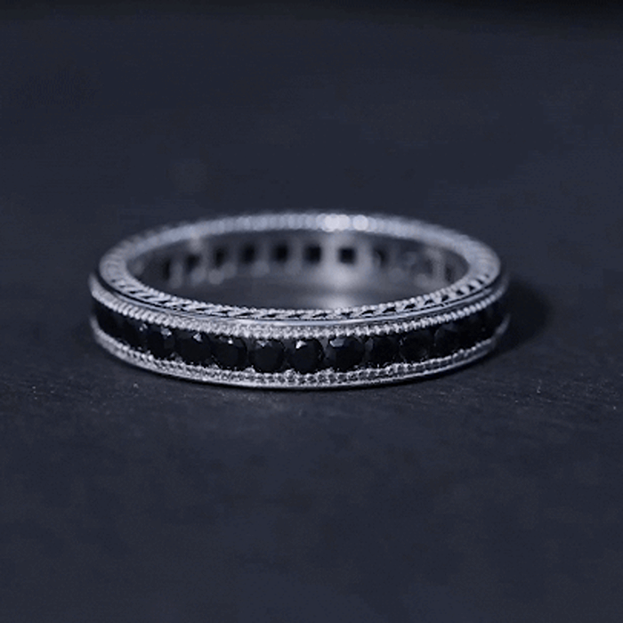 Black Onyx wedding band with milgrain detailing, handcrafted ring from Rosec Jewels featuring intricate textured edge design.